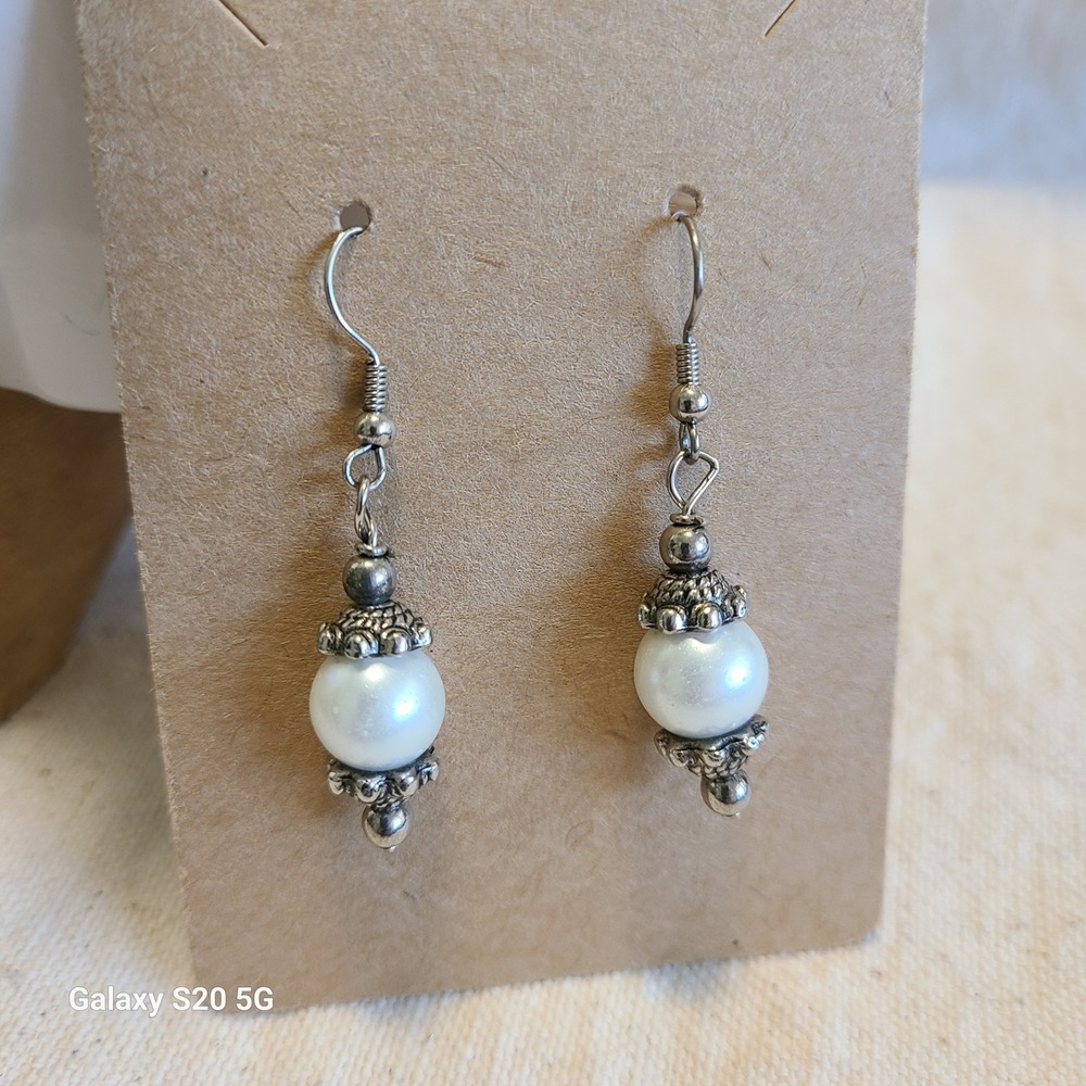Pearl Drop Earrings Dangle Silver Tone Elegant Jewelry‎
